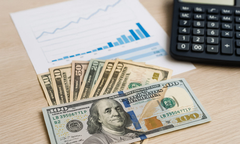 a calculator with stats sheet and some cash