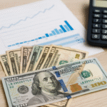 a calculator with stats sheet and some cash