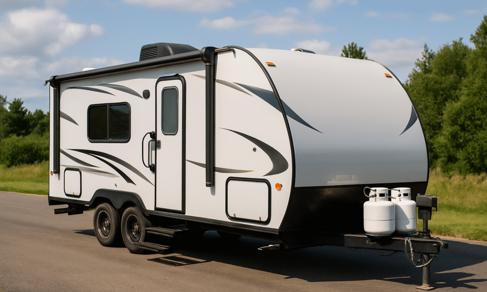 camper sitting on the road