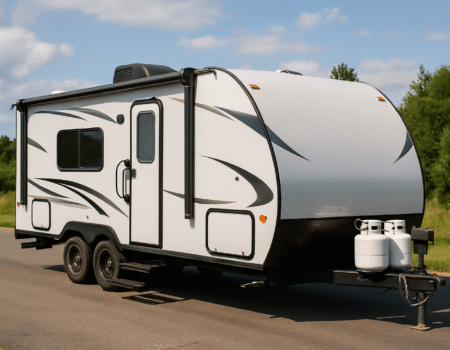 camper sitting on the road